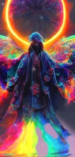 Colorful fantasy angel with vibrant wings, glowing aura, and celestial background.