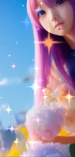 Colorful anime character with pink hair against a sparkling sky backdrop.