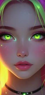 Anime girl with neon hair and vibrant green eyes.