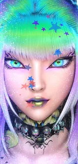 Vibrant anime character with neon hair and colorful eyes in fantasy setting.