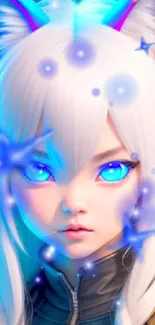 Anime character with blue eyes and glowing fantasy elements.