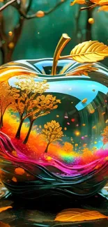 Vibrant apple art with colorful trees and leaves in surreal style.