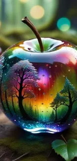 Colorful glass apple with fantasy forest reflection.