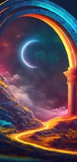 Colorful fantasy archway with crescent moon and vibrant night sky.