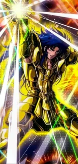 Anime hero in golden armor with explosive cosmic backdrop.