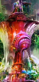 Vibrant fantasy fountain with colorful water and mystical highlights.