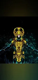 Fantasy art with golden figure on black and teal background