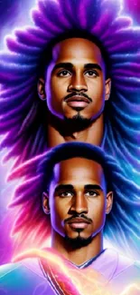 Double portrait with vibrant cosmic colors on a mobile wallpaper.