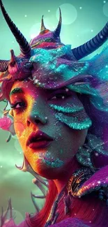 Vibrant fantasy art portrait with colorful horned headdress.