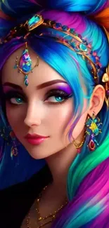 Vibrant fantasy art portrait with colorful hair and ornate jewelry.