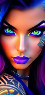 Vibrant fantasy portrait with neon colors, featuring detailed artwork.