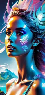 A vibrant fantasy art portrait with mystical colors and a tropical island in the background.