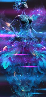 Mystical figure in vibrant colors with dominant blue and pink hues.