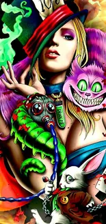 Fantasy art wallpaper with vibrant colors and surreal elements, including a Cheshire cat.