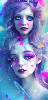 Ethereal fantasy art with vibrant colors and characters create a magical wallpaper.