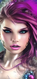 Vibrant fantasy art wallpaper with purple-haired character and sparkling backdrop.