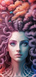 Vibrant fantasy art of a mystical figure with swirling colorful hair.