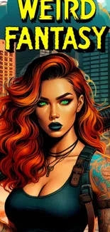 Fantasy art wallpaper featuring a fierce character with vibrant orange hair.