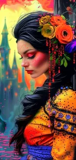 Fantasy art wallpaper with woman and vibrant orange castle background.