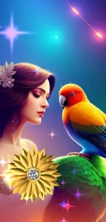 Vibrant fantasy art with parrot and elegant woman in colorful setting.