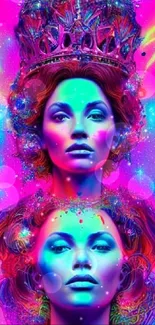 Vibrant neon fantasy art with ethereal figures.