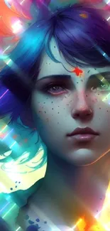 A vibrant artistic fantasy portrait with colorful splashes, perfect for mobile screens.