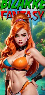 Stunning redhead in tropical fantasy art wallpaper.