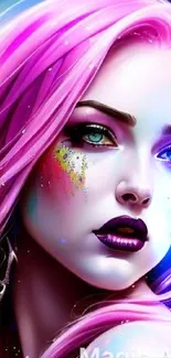 Vibrant fantasy art of a woman with pink hair and colorful background.