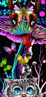 Vibrant fantasy wallpaper with butterflies, mushroom, and cat design.