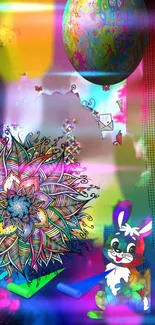 Vibrant fantasy art wallpaper with colorful mandala and cartoon bunny.