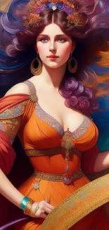 Fantasy woman with colorful hair and orange dress in vibrant art style.