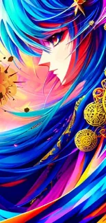 Vibrant fantasy art with colorful hair and intricate patterns.