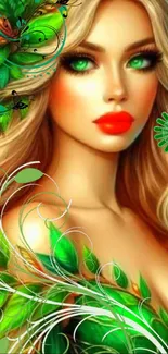 Green-eyed fantasy character with vibrant nature elements wallpaper.