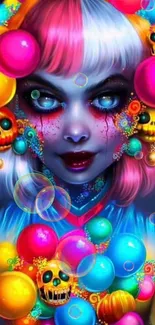 Vibrant fantasy art with colorful orbs and a surreal figure.