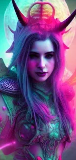 Vibrant fantasy art of a mystical female character in neon colors.