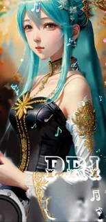 Mystical character with teal hair in vibrant fantasy art mobile wallpaper.