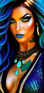 Vibrant fantasy art woman with teal hues.