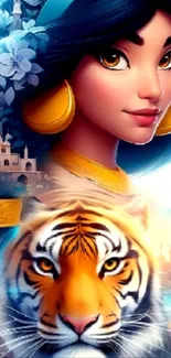 Vibrant fantasy artwork with a character and tiger.