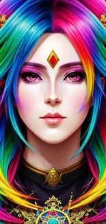 Colorful fantasy character with rainbow hair in vibrant mobile wallpaper.