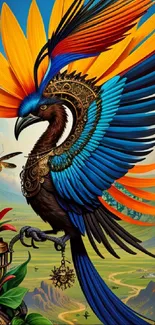 Vibrant fantasy bird with colorful feathers and a stunning background.