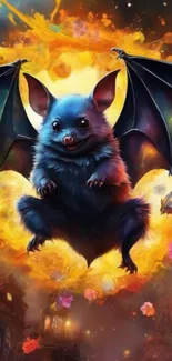 Vibrant fantasy bat against fiery orange background.