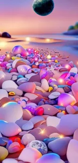 Fantasy beach with colorful pebbles and a sunset backdrop.