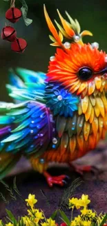 Vibrant bird illustration in rainbow colors with fantasy elements.