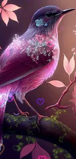 Fantasy bird with pink feathers on a decorative branch.