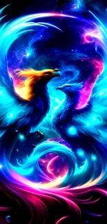 Vibrant fantasy bird wallpaper with luminous blue and cosmic background.