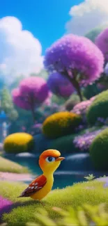 A colorful bird in a vibrant fantasy landscape with lush, multicolored flora.