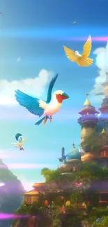 Colorful birds soaring above a mystical mountain village.