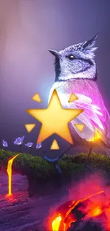 Fantasy bird on a glowing landscape wallpaper.