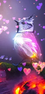 Vibrant fantasy bird with lava and moss landscape