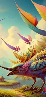 Whimsical fantasy bird with vibrant feathers in a colorful landscape art.